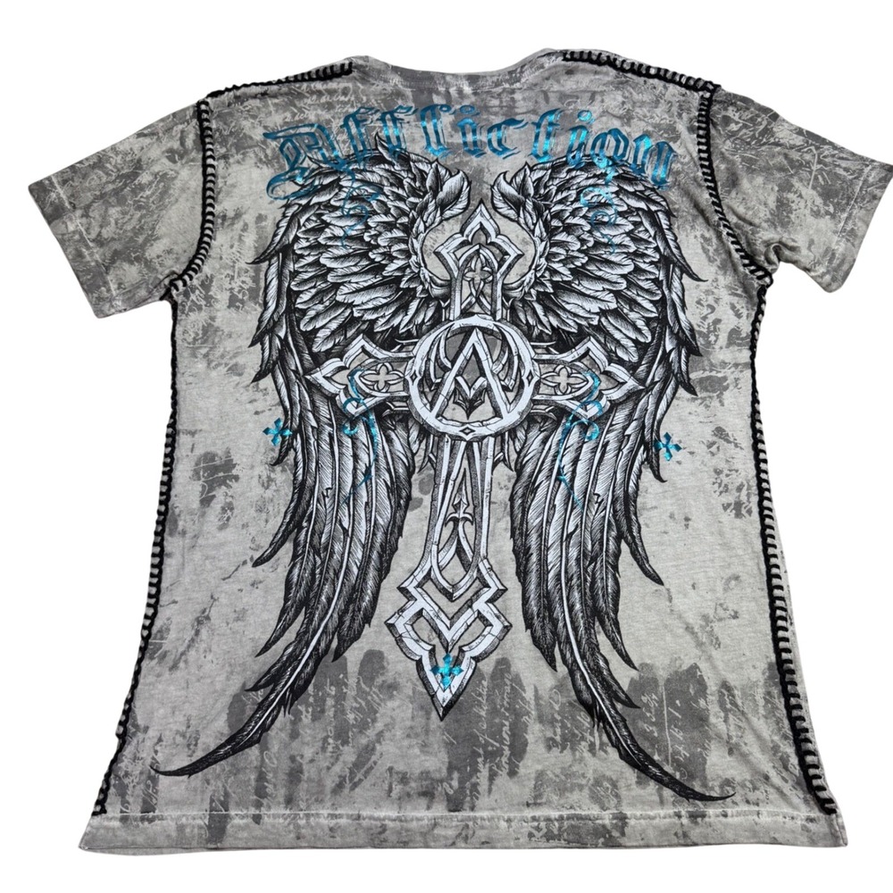Affliction Men L V Neck T Shirt AOP Angel Wings Rope Stitch Grunge Y2K